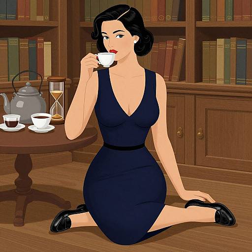 Digital illustration of a woman with black hair, wearing a navy dress and black shoes, kneeling on wooden floor, sipping tea in a library with book