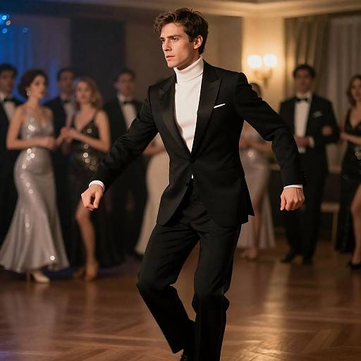 Man in Tuxedo Dancing Energetically