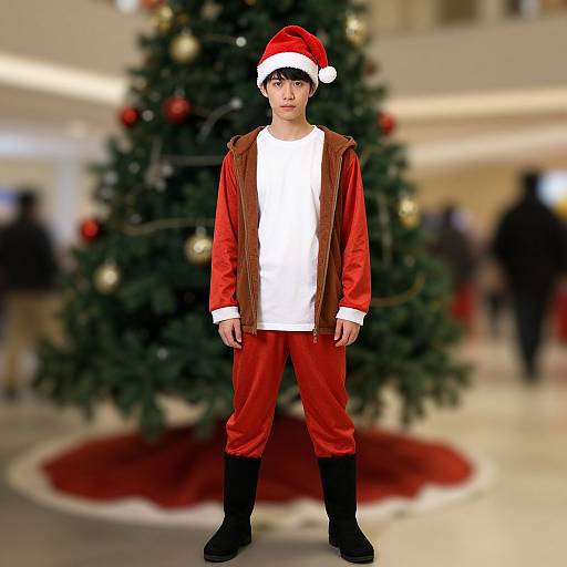Photograph of an Asian man in a Santa outfit with red jacket, white shirt, red pants, black boots, standing in front of a decorated Christmas