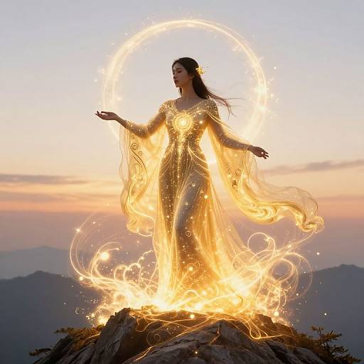 Photograph of a silhouetted woman with flowing hair, standing on a rock, surrounded by bright, swirling fire, against a sunset sky.