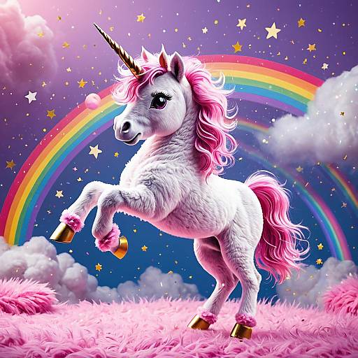 Fluffy Pink Unicorn Dancing on Rainbow