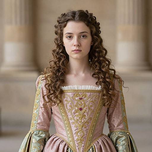 Photograph of a young woman with long, curly brown hair, wearing an ornate pink and gold Renaissance-style dress, standing in front of classical columns