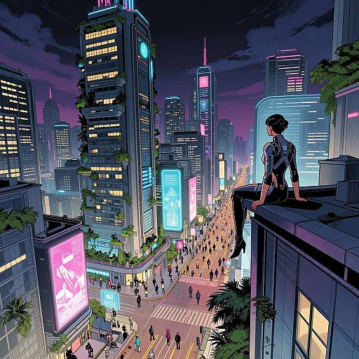 Digital anime-style cityscape at night, featuring a young man with short black hair in a futuristic outfit, sitting on a rooftop overlooking a bustling, neon