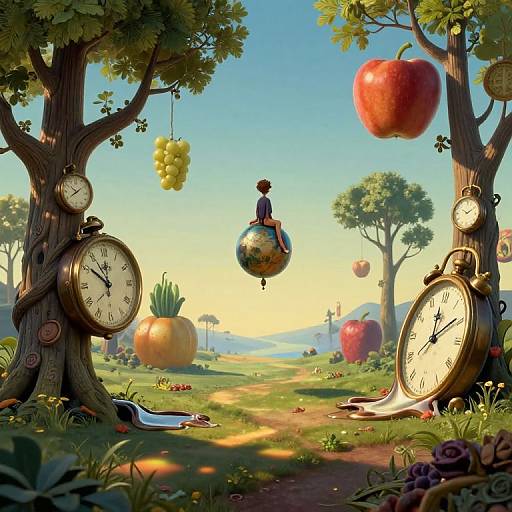 Whimsical digital painting: child riding clock-balloon between giant trees, oversized apples, watches, grapes, sunlit path, colorful, surreal landscape