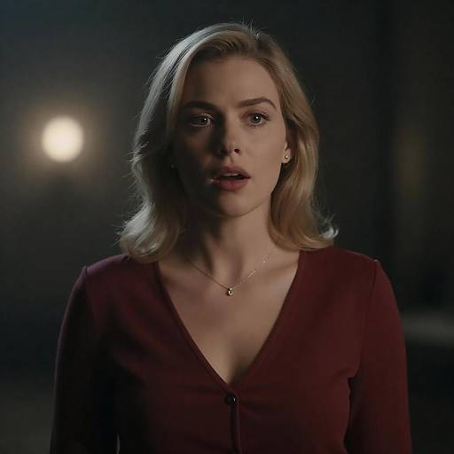 Surprised Blonde Woman in Red Top