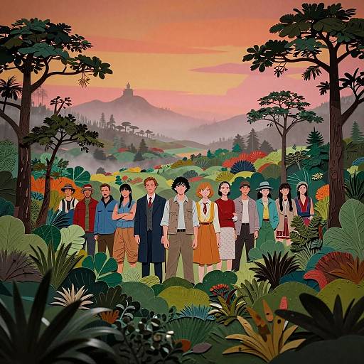 Illustration of diverse group standing in vibrant, colorful forest at sunset, with mountains and distant castle in background. Stylish, modern, cartoonish.