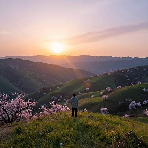Photograph of a man standing on a grassy hill at sunset, overlooking rolling hills with cherry blossom trees in bloom.