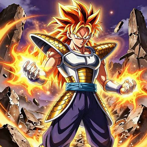 Digital anime artwork of a muscular, spiky-haired Super Saiyan with golden armor, blue pants, and fiery fists, standing amidst shattered rocks against a