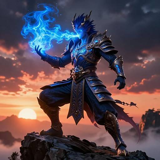 Digital artwork of a dark, armored, wolf-headed warrior conjuring blue fire against a dramatic sunset sky, standing on a rocky peak.