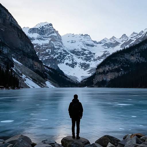 Solitary Hiker at Frozen Lake