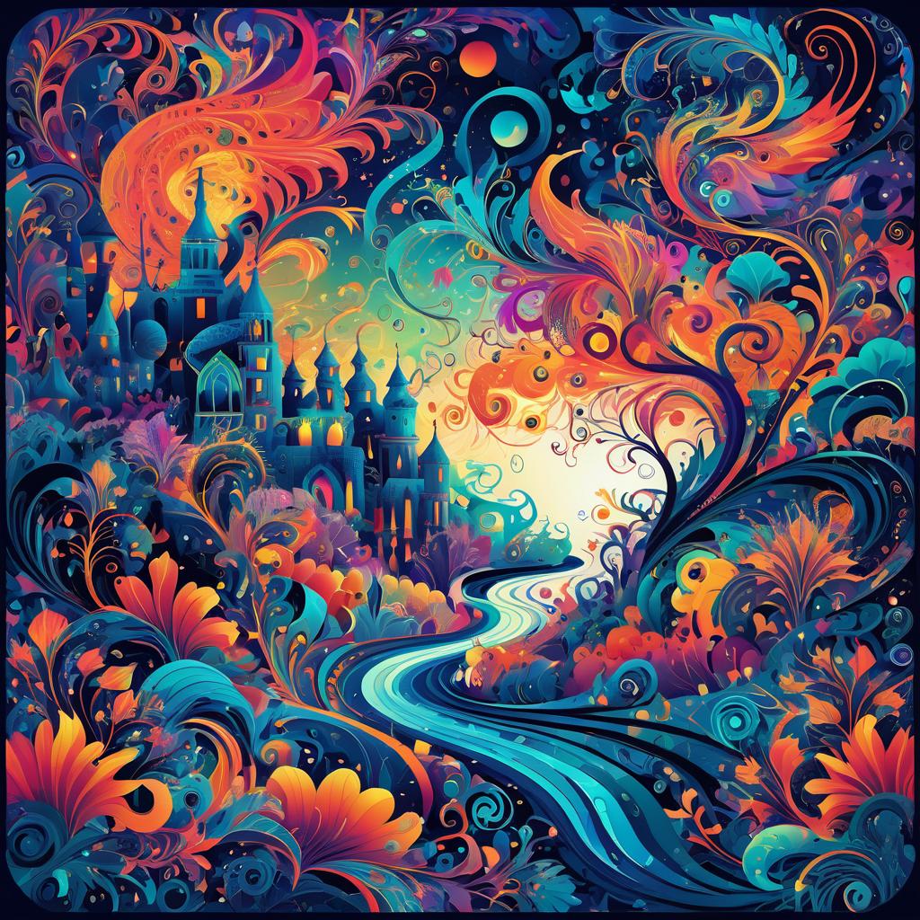 Vibrant Surrealist Landscape with Phoenixes