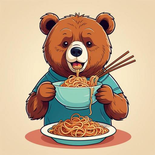 Cartoon Bear Enjoying Spaghetti Delight