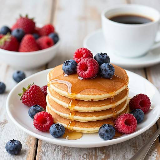 Photograph of golden pancakes with syrup, topped with raspberries and blueberries, on a white plate, next to a cup of black coffee and a