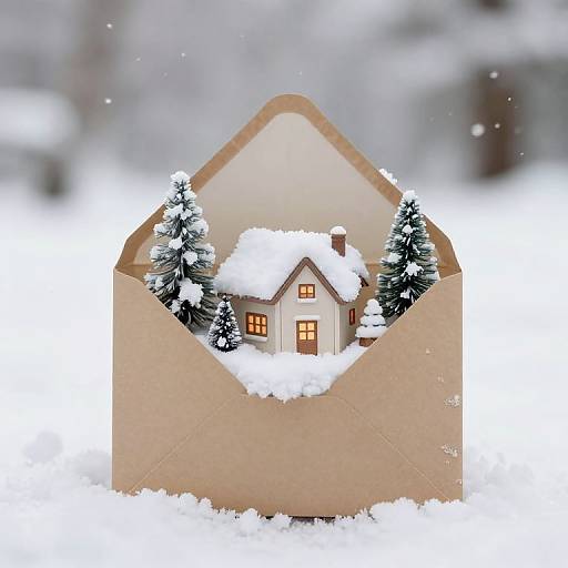 Photograph of a miniature snow-covered house and trees inside an open brown envelope, set against a snowy, blurred background.