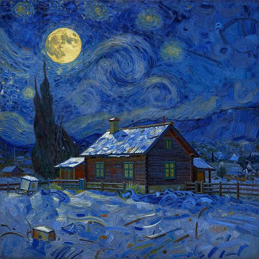 Vibrant oil painting of a snow-covered wooden house under a swirling, moonlit blue night sky with yellow stars and a tall tree.