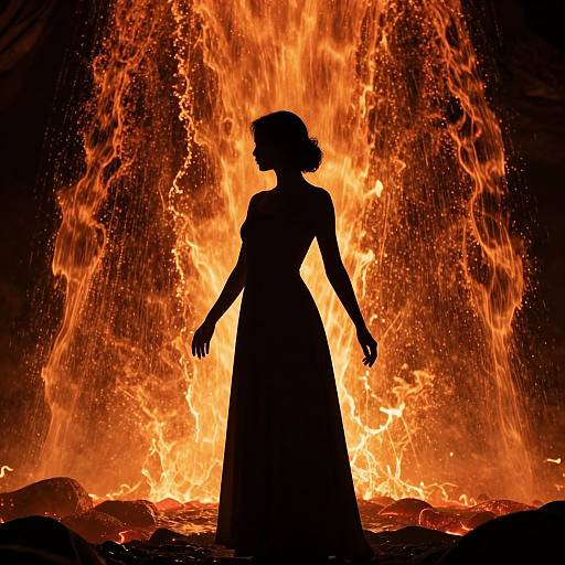 Silhouetted woman in a long dress stands against a roaring, fiery background, with intense orange and yellow flames. Digital art.