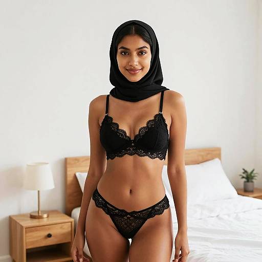 Confident Woman in Black Lace and Hijab