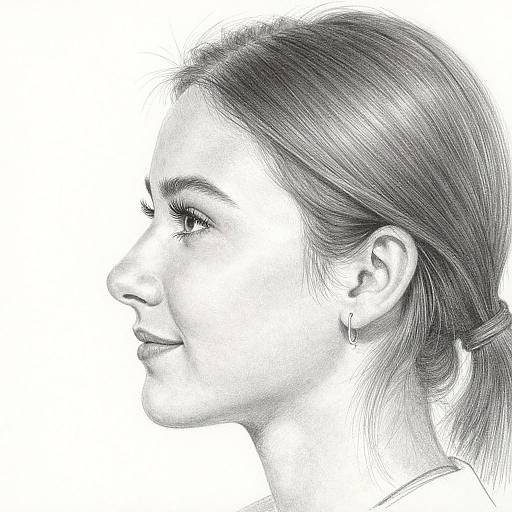 Black-and-white pencil drawing of a smiling woman in profile, showing detailed hair strands, earrings, and soft facial features against a white background.