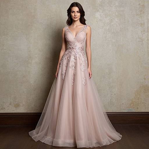 Photograph of a woman with fair skin and dark hair, wearing a sleeveless, V-neck, pale pink lace and tulle ball gown, standing