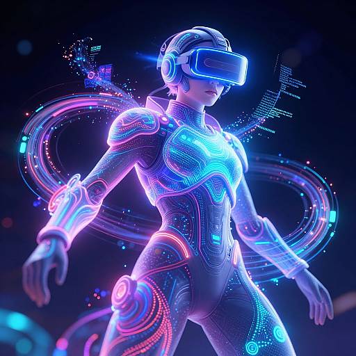 Neon-lit, futuristic CGI of a humanoid figure in a glowing, cybernetic bodysuit with a holographic visor, surrounded by