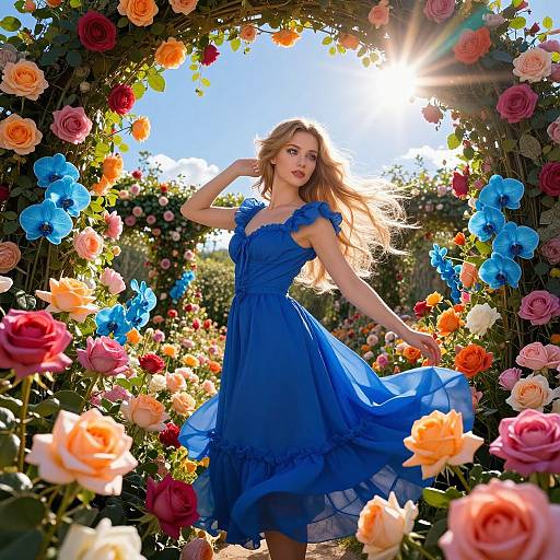 Photograph of a blonde woman in a flowing blue dress, standing in a vibrant, sunlit floral archway with roses and blue flowers.