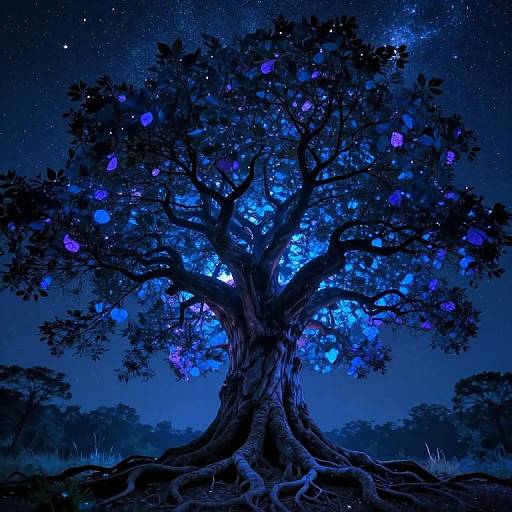Digital art: A majestic, luminous tree with glowing blue and purple leaves stands against a starry night sky, roots sprawling below.