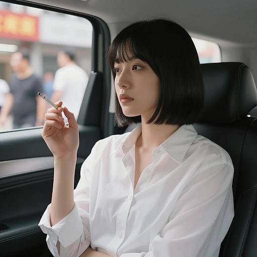 Chic Woman in Car with Cigarette