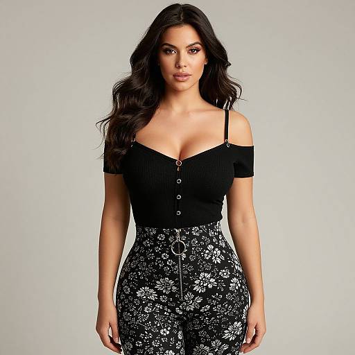Photograph of a woman with long, wavy dark hair, wearing a black off-shoulder top with buttons and high-waisted black floral