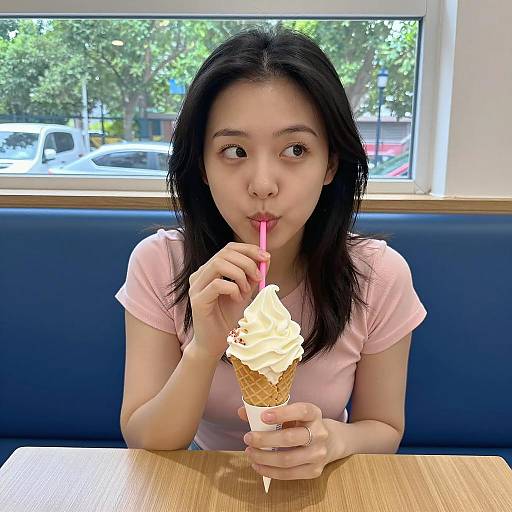 Asian Woman Enjoying Ice Cream Delight