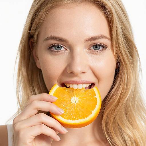 Photograph of a smiling blonde woman with blue eyes, biting into a bright orange slice, white background, white top.