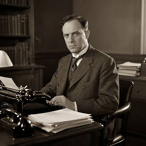 Black-and-white photograph of a serious, middle-aged man in a dark tweed suit, sitting at a desk with papers and a typewriter, in