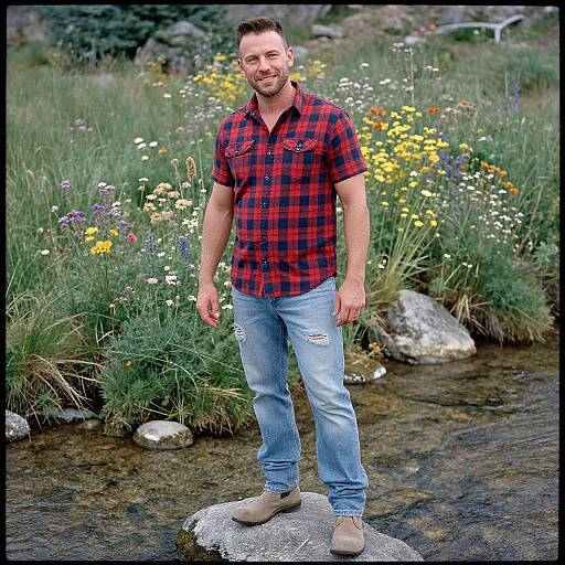 Photograph of a smiling, short-haired man in a red plaid shirt and blue jeans standing on a rock in a colorful, wildflower-filled me