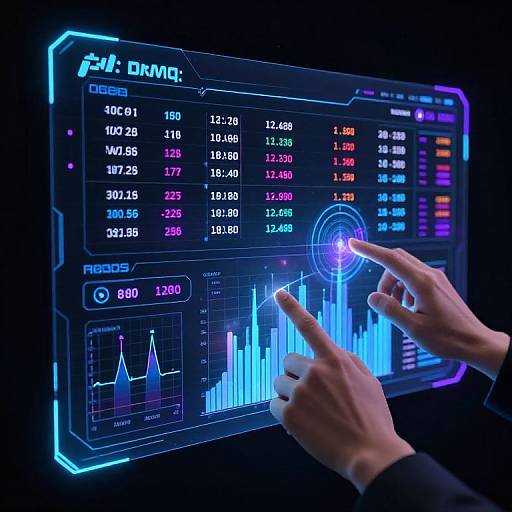 Photograph of hands interacting with a glowing, digital financial trading screen displaying colorful stock data and charts, set against a dark background.