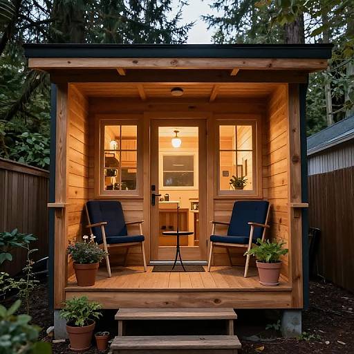 Photograph of a cozy wooden backyard shed with illuminated interior, two black armchairs, potted plants, and a small table, surrounded by trees