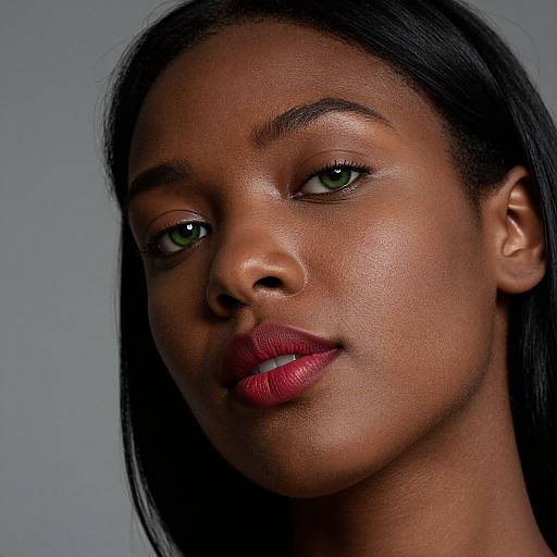 Close-up photograph of a beautiful Black woman with smooth, dark skin, green eyes, and red lipstick, looking slightly to the side.