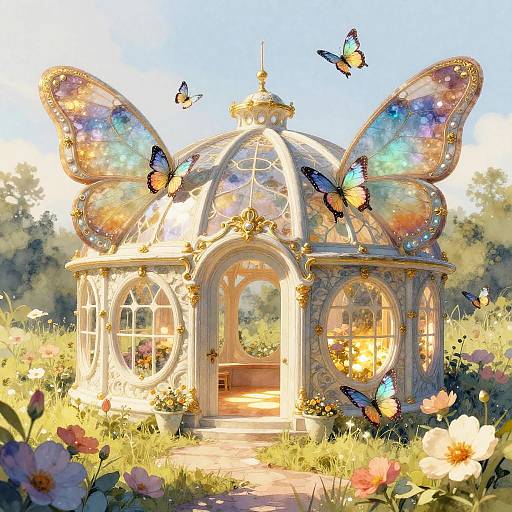 Whimsical digital painting of a glowing, glass-domed pavilion with iridescent butterfly wings, surrounded by vibrant flowers and butterflies, under a