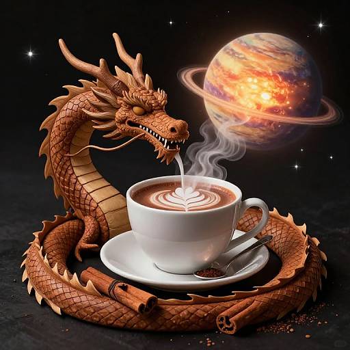 Digital artwork: A fierce, red dragon with detailed scales coils around a white cup of steaming hot coffee, featuring a latte art swirl, with