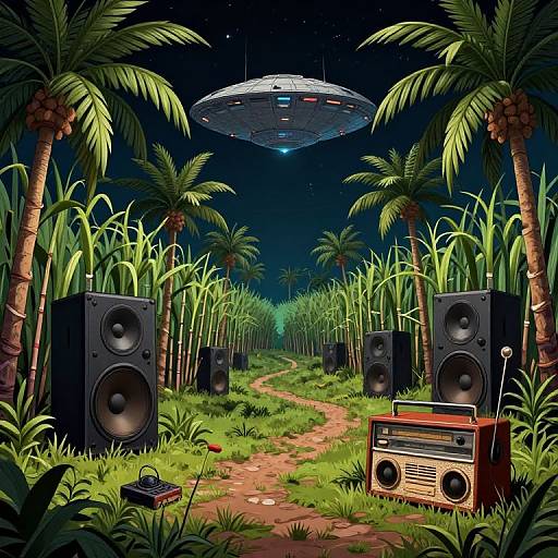 Naive Art Night Sugarcane Landscape