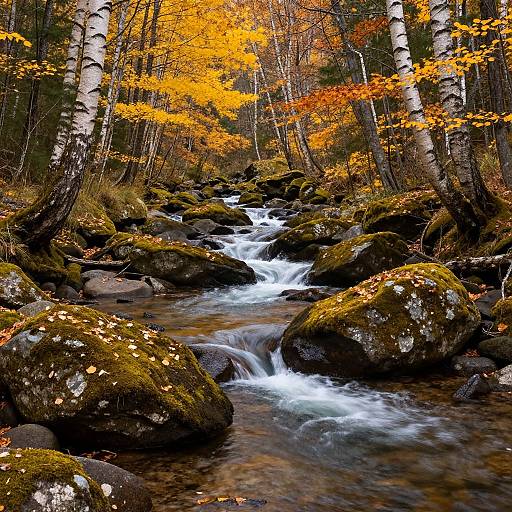 Photograph of a vibrant autumn forest with a flowing stream, moss-covered rocks, and birch trees with bright orange-yellow leaves.
