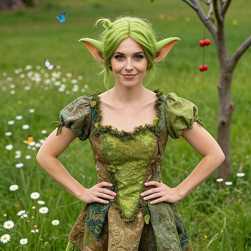 Photograph of a young woman with green elf ears and hair, wearing a detailed, green and brown fantasy dress, standing in a vibrant, flower-filled