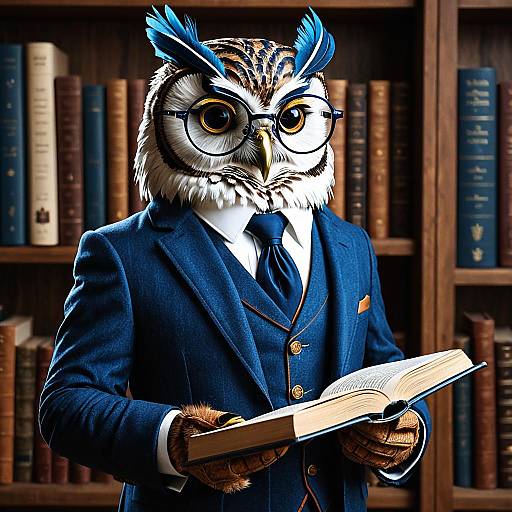 Owl Scholar in Blue Suit Reading Book