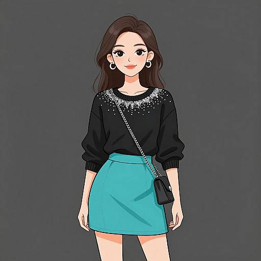 Smiling Woman in Embellished Sweater and Skirt