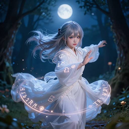 Digital art of a silver-haired woman in a glowing white dress, casting zodiac signs in a moonlit forest, with ethereal lights and flowing hair