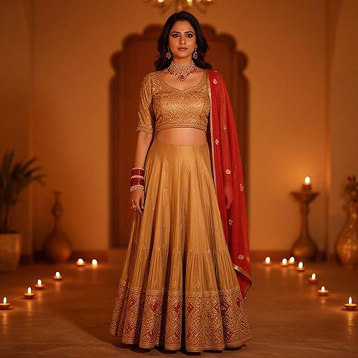 Photograph of a woman in a golden traditional lehenga with red dupatta, ornate jewelry, and red bangles, standing in an illuminated,