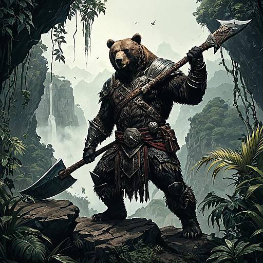 Heroic Bear Warrior on Jungle Cliff