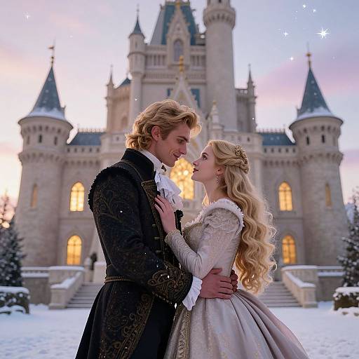 Blonde prince and princess in elaborate winter ballgowns, gazing lovingly at each other in front of a snow-covered castle. Digital artwork.