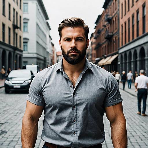 Muscular Man in Gray Shirt on Urban Street