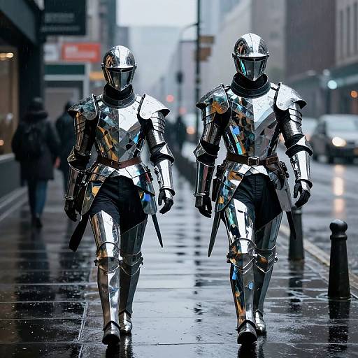 Photograph of two shiny, reflective, futuristic stormtrooper-like figures walking on a wet, urban street at night, with blurred city lights in the