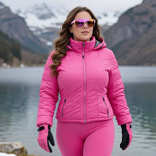 Photograph of a curvy woman with long brown hair, wearing a pink quilted jacket and pants, pink sunglasses, and black gloves, standing by