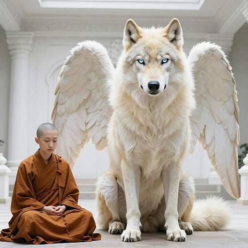 Photograph-like digital art of a bald Buddhist monk sitting beside a large, angel-winged wolf with piercing blue eyes in a bright, white temple.